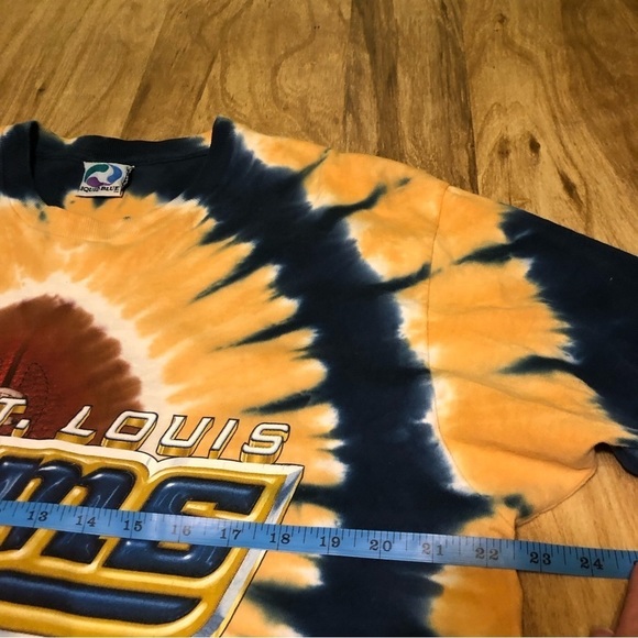 Vintage 90s Liquid Blue St Louis Rams Tie Dye Blue Gold Circles T-Shirt Large - Picture 5 of 10